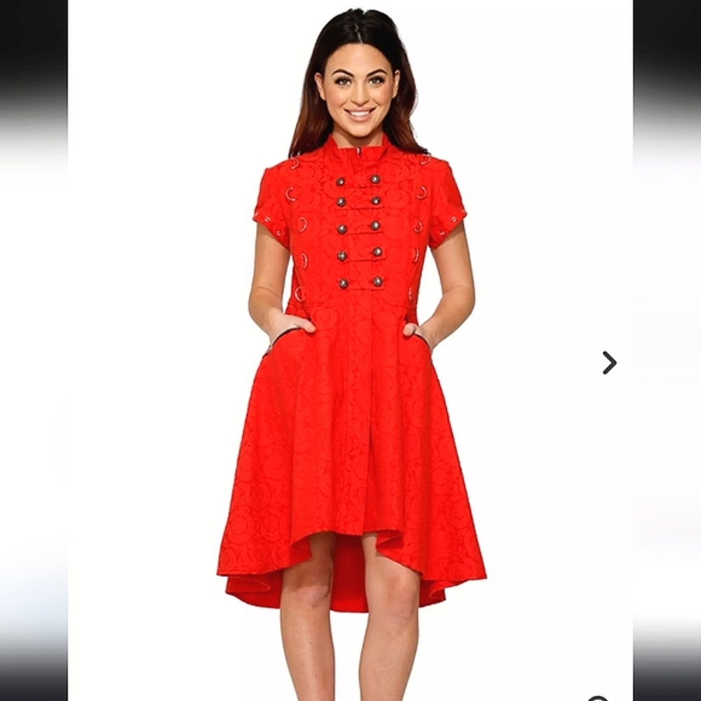 Nwot Orchid Bloom Red Jacquard Shortsleeve High Low Military Dress